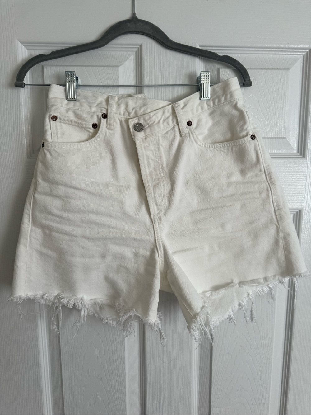 Agolde White High-Rise Frayed Hem Denim Shorts